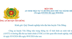 Công an huyện Yên Dũng ban hành Bản tin an ninh trật tự và hướng dẫn thủ tục hành chính tuần 2 tháng 8/2024